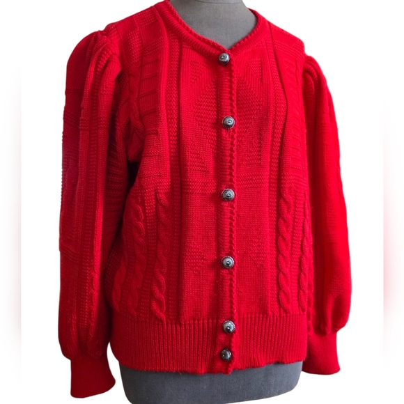 Vintage Red Austrian Wool Puff Sleeve Cardigan Sz EU 44/ US LG Salzburger Dirndl - Picture 9 of 16